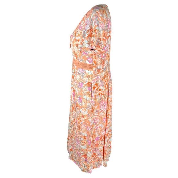 Torrid 1x Lace Up Tea Length Dress Crinkle Gauze Floral Coral dress flutter - Picture 4 of 7